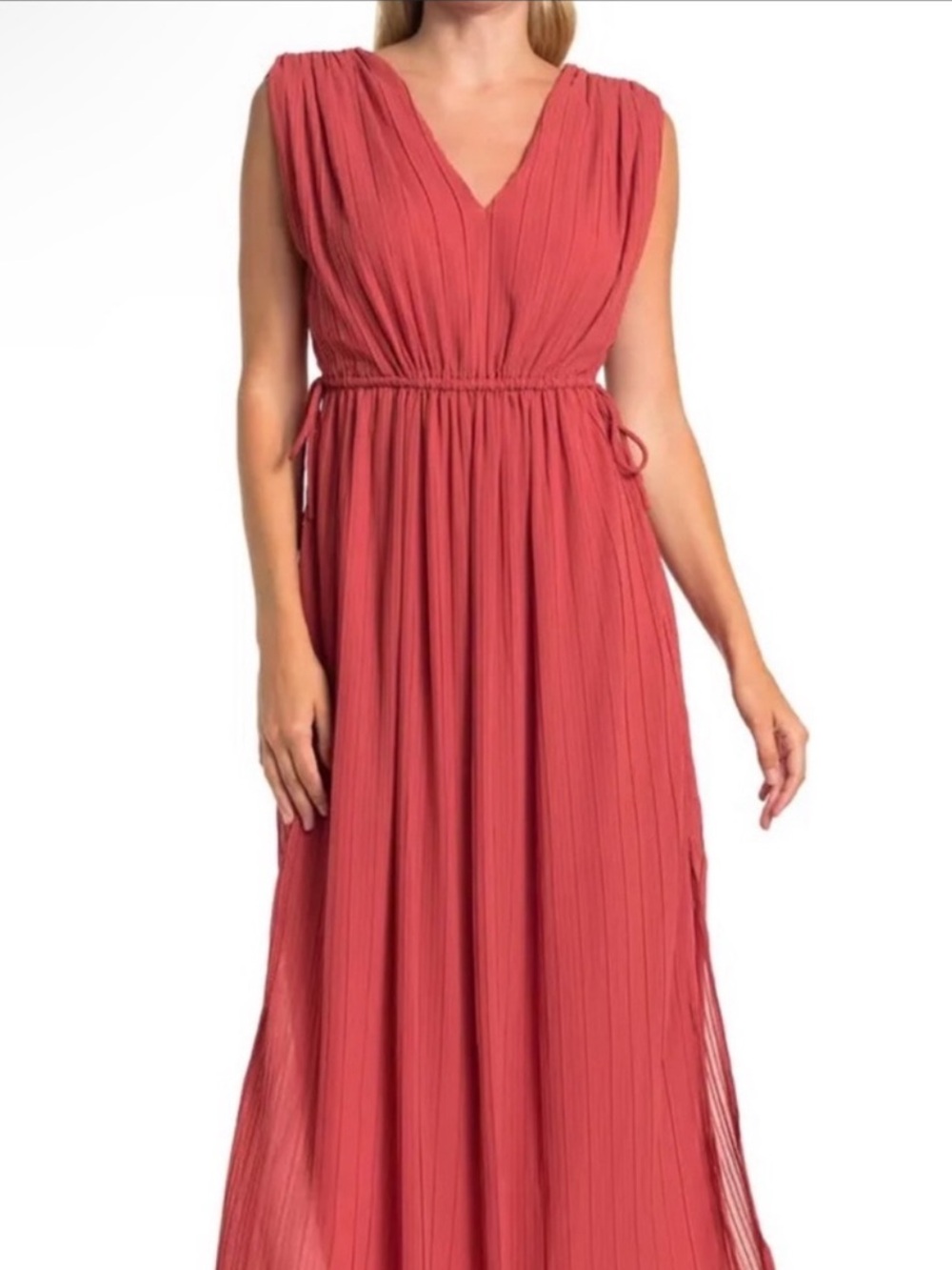 ASTR Clay Accordian Venetian Empire Dress Size XL Coral Red
